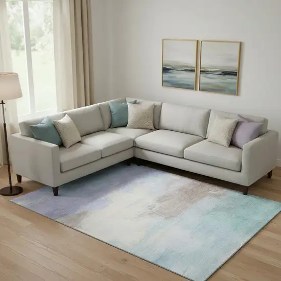 Sky Blue Lavender And Beige Abstract Washable Area Rug With UV Protection Photo 2