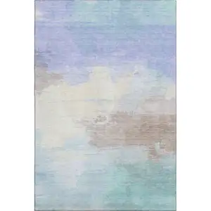 Photo of Sky Blue Lavender And Beige Abstract Washable Area Rug With UV Protection