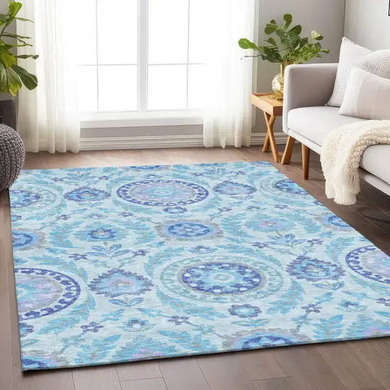 Sky Blue Lavender And Gray Floral Washable Area Rug With UV Protection Photo 4