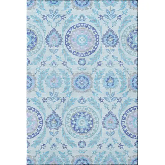 Sky Blue Lavender And Gray Floral Washable Area Rug With UV Protection Photo 3