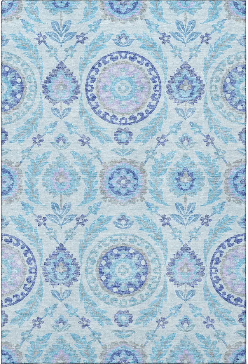 Sky Blue Lavender And Gray Floral Washable Area Rug With UV Protection Photo 3