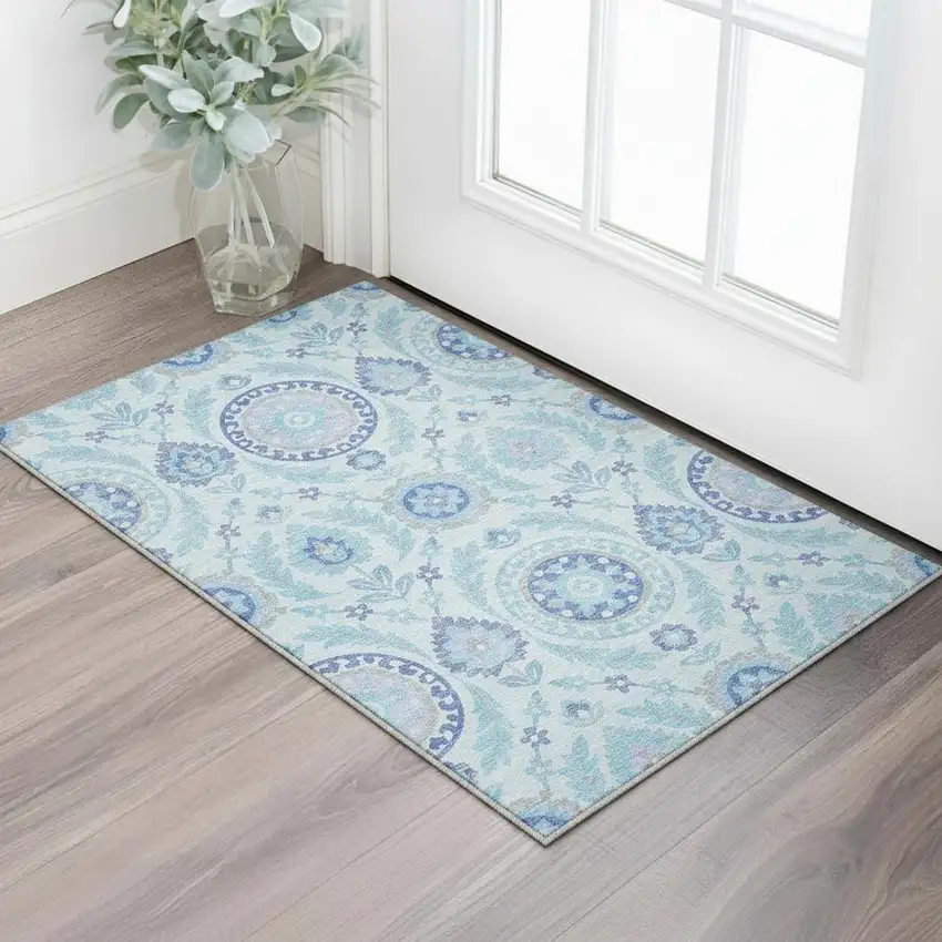 Sky Blue Lavender And Gray Floral Washable Area Rug With UV Protection Photo 2