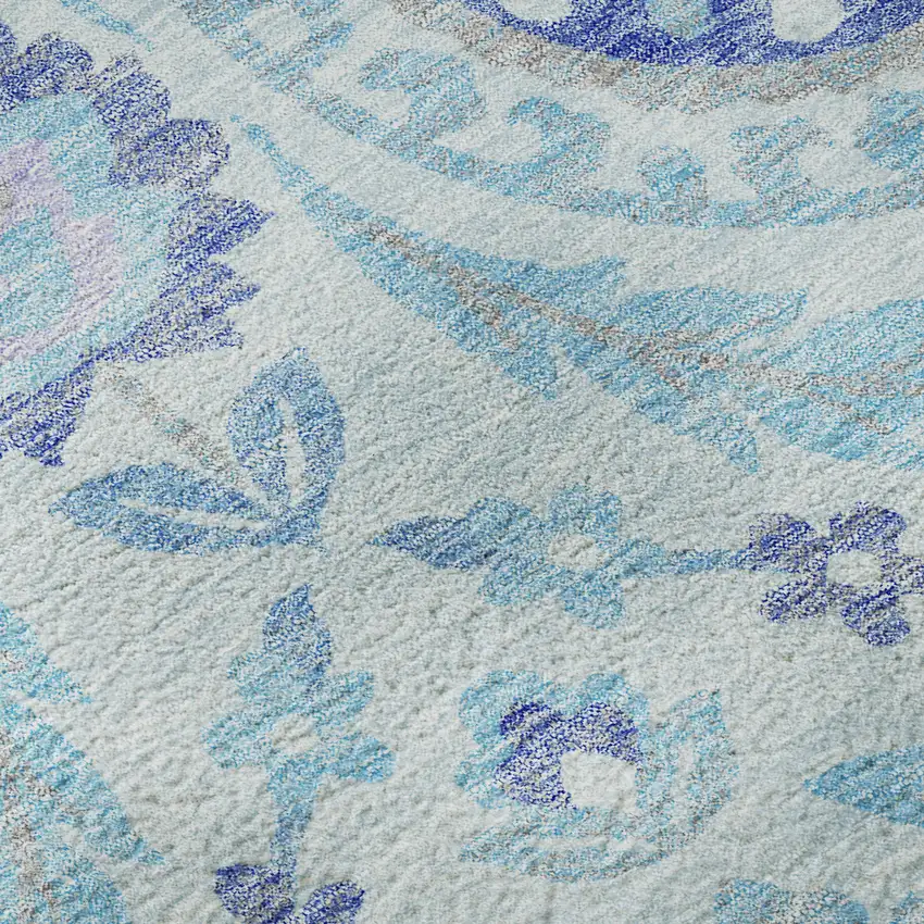 Sky Blue Lavender And Gray Floral Washable Area Rug With UV Protection Photo 9