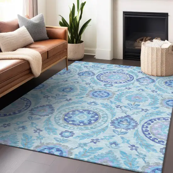 Sky Blue Lavender And Gray Floral Washable Area Rug With UV Protection Photo 5