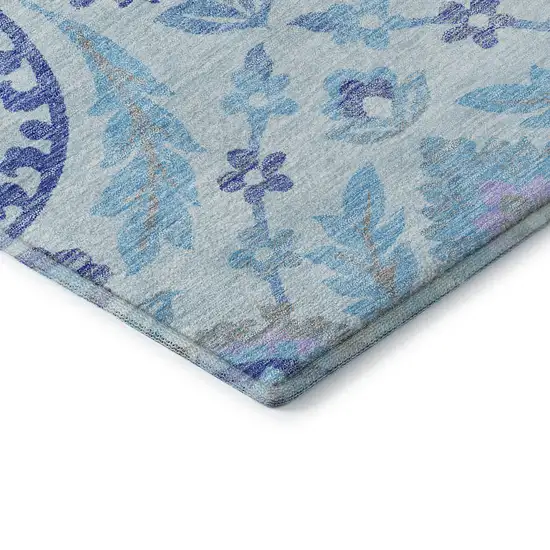 Sky Blue Lavender And Gray Floral Washable Area Rug With UV Protection Photo 8