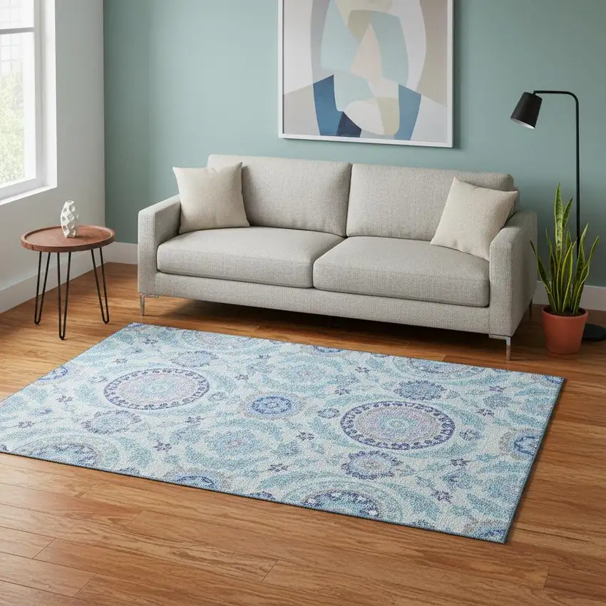 Sky Blue Lavender And Gray Floral Washable Area Rug With UV Protection Photo 2