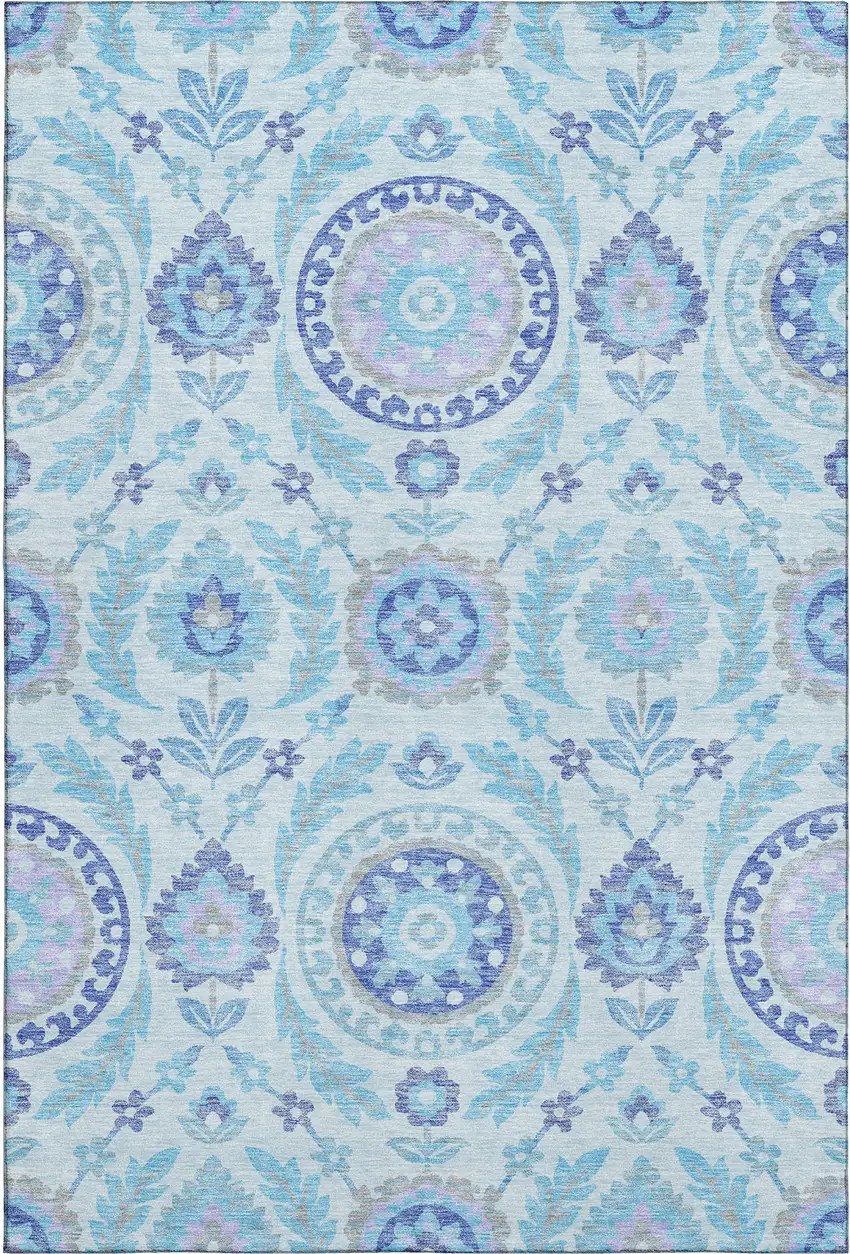 Sky Blue Lavender And Gray Floral Washable Area Rug With UV Protection Photo 1