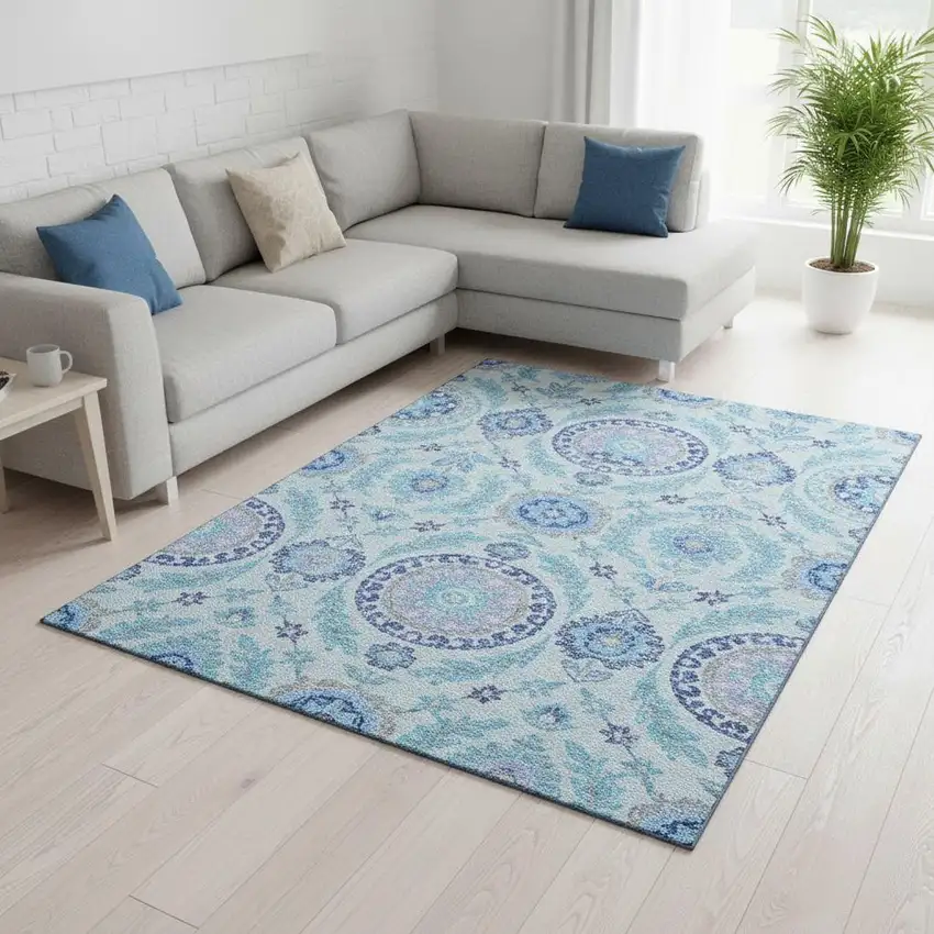 Sky Blue Lavender And Gray Floral Washable Area Rug With UV Protection Photo 2