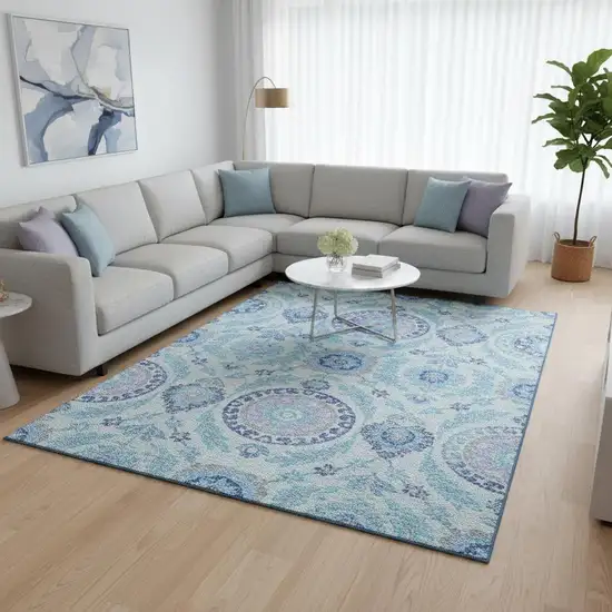 Sky Blue Lavender And Gray Floral Washable Area Rug With UV Protection Photo 2