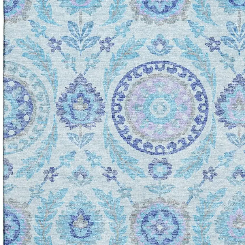 Sky Blue Lavender And Gray Floral Washable Area Rug With UV Protection Photo 3