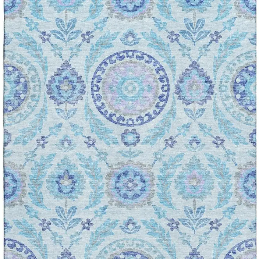 Sky Blue Lavender And Gray Floral Washable Area Rug With UV Protection Photo 4