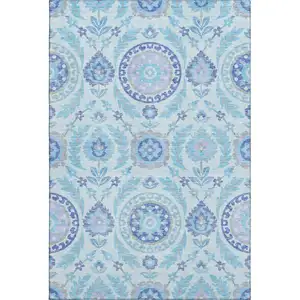 Photo of Sky Blue Lavender And Gray Floral Washable Area Rug With UV Protection