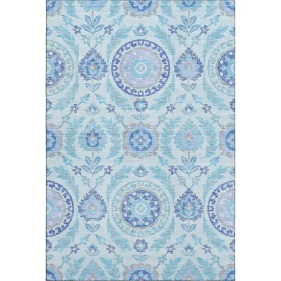 Sky Blue Lavender And Gray Floral Washable Area Rug With UV Protection Photo 1