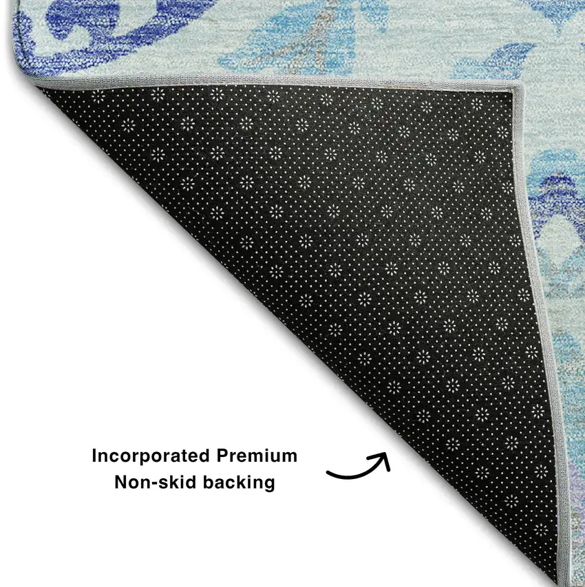 Sky Blue Lavender And Gray Floral Washable Area Rug With UV Protection Photo 7