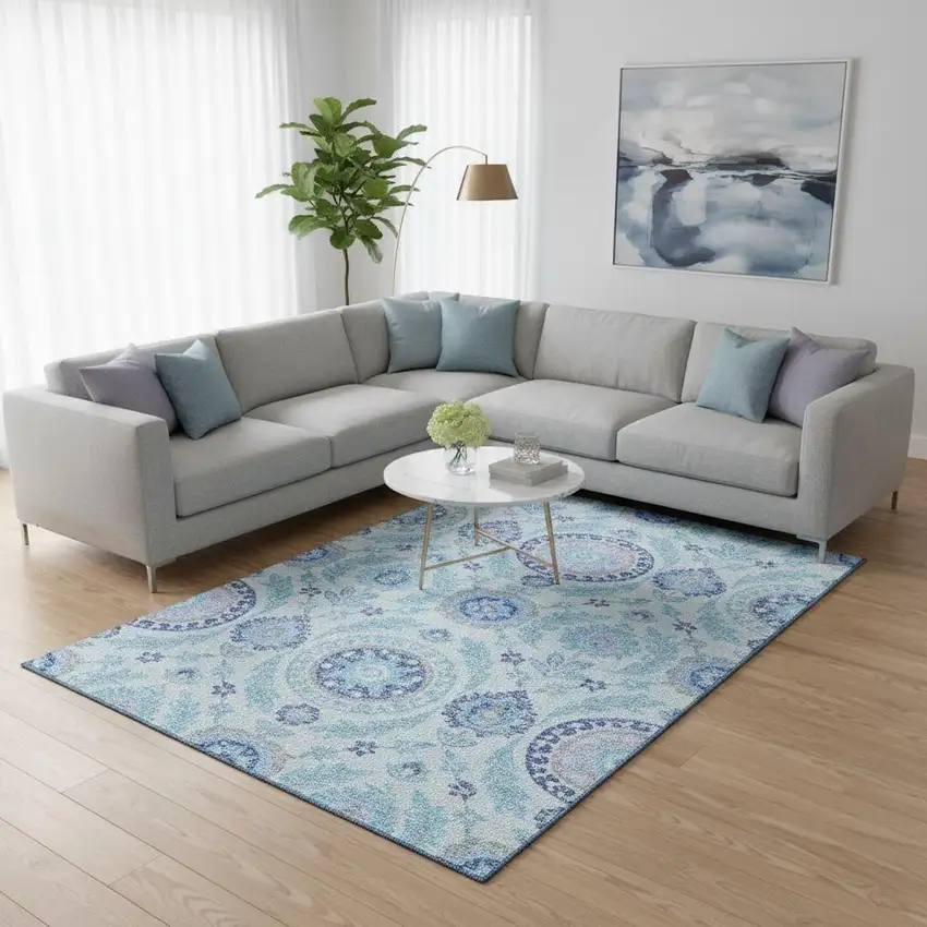 Sky Blue Lavender And Gray Floral Washable Area Rug With UV Protection Photo 2