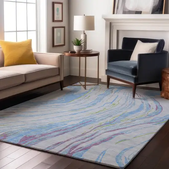 Sky Blue Lavender And Green Abstract Washable Area Rug With UV Protection Photo 4