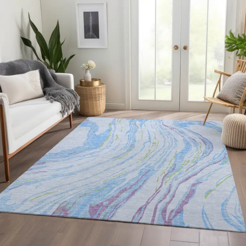 Sky Blue Lavender And Green Abstract Washable Area Rug With UV Protection Photo 4