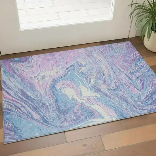 Sky Blue Lavender And Ivory Abstract Washable Area Rug With UV Protection Photo 2