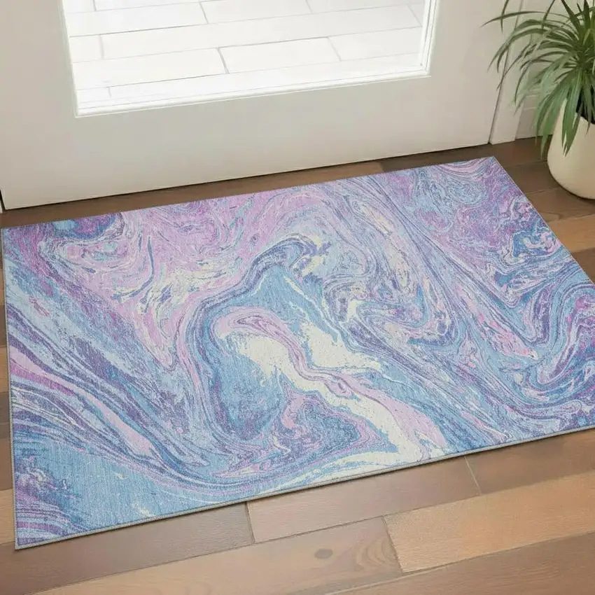 Sky Blue Lavender And Ivory Abstract Washable Area Rug With UV Protection Photo 2