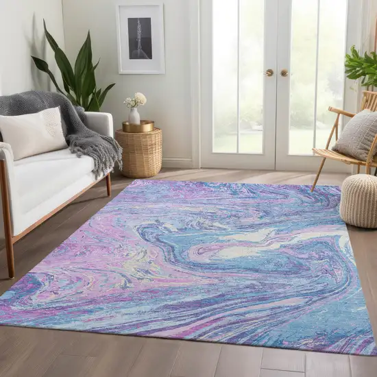 Sky Blue Lavender And Ivory Abstract Washable Area Rug With UV Protection Photo 5