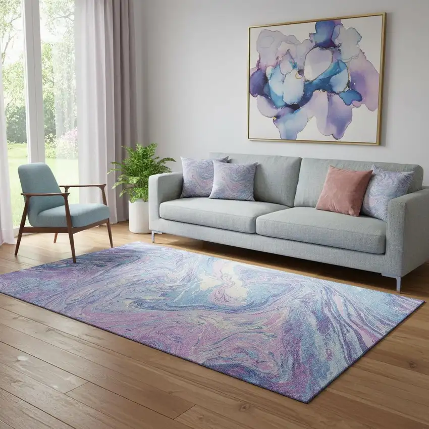 Sky Blue Lavender And Ivory Abstract Washable Area Rug With UV Protection Photo 2