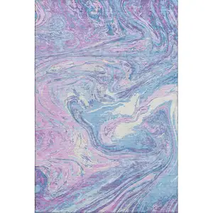 Photo of Sky Blue Lavender And Ivory Abstract Washable Area Rug With UV Protection