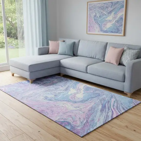 Sky Blue Lavender And Ivory Abstract Washable Area Rug With UV Protection Photo 2
