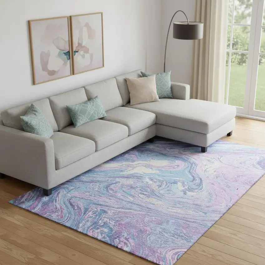 Sky Blue Lavender And Ivory Abstract Washable Area Rug With UV Protection Photo 2
