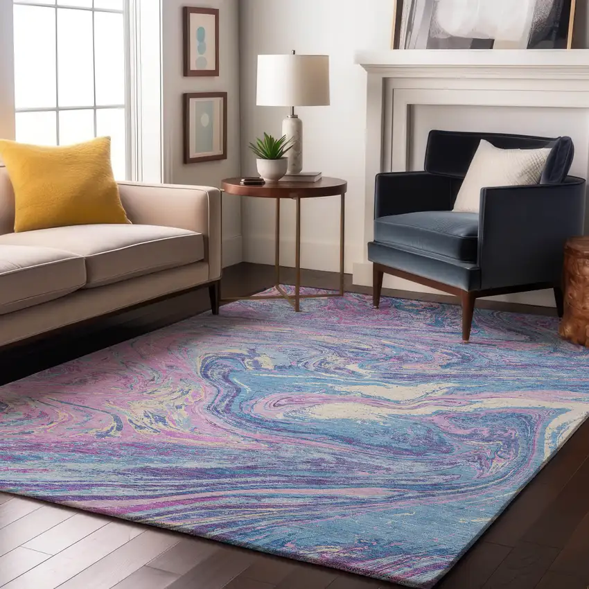 Sky Blue Lavender And Ivory Abstract Washable Area Rug With UV Protection Photo 4