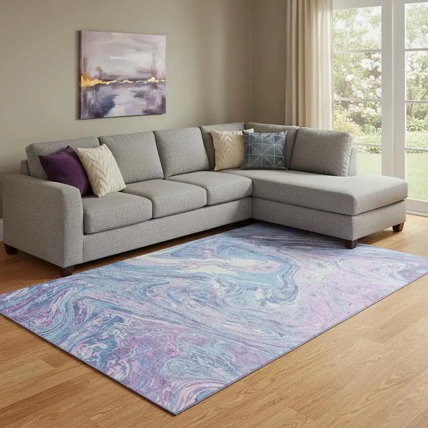 Sky Blue Lavender And Ivory Abstract Washable Area Rug With UV Protection Photo 2