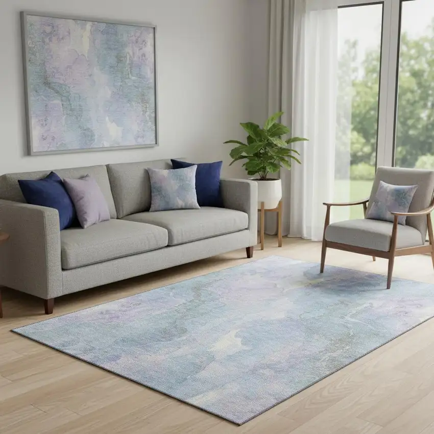 Sky Blue Lavender And Ivory Abstract Washable Area Rug With UV Protection Photo 2