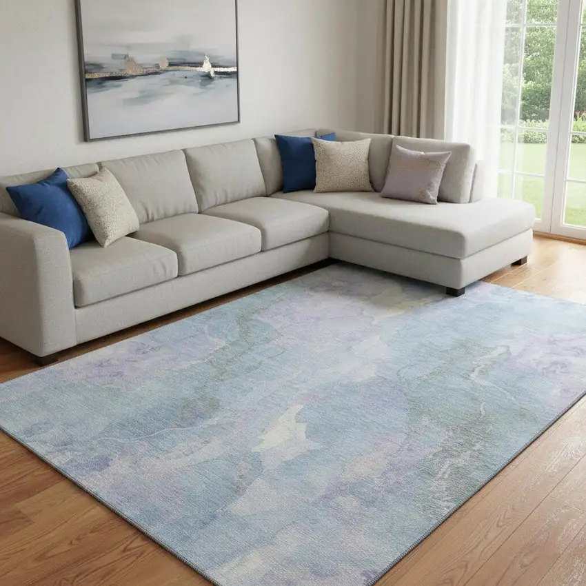 Sky Blue Lavender And Ivory Abstract Washable Area Rug With UV Protection Photo 2
