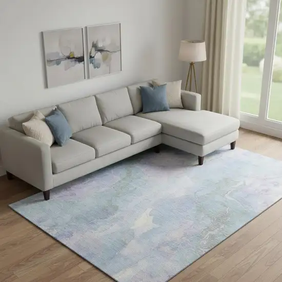 Sky Blue Lavender And Ivory Abstract Washable Area Rug With UV Protection Photo 2