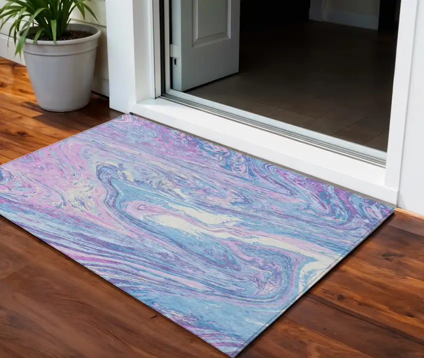 Sky Blue Lavender And Ivory Abstract Washable Indoor Outdoor Area Rug Photo 1
