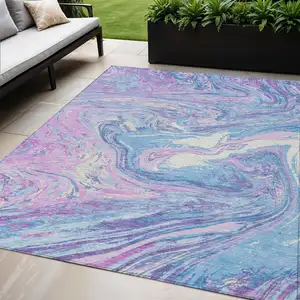 Photo of Sky Blue Lavender And Ivory Abstract Washable Indoor Outdoor Area Rug