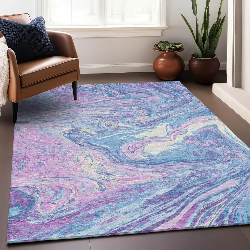 Sky Blue Lavender And Ivory Abstract Washable Indoor Outdoor Area Rug Photo 9