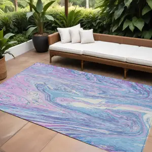 Photo of Sky Blue Lavender And Ivory Abstract Washable Indoor Outdoor Area Rug