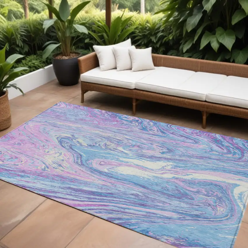 Sky Blue Lavender And Ivory Abstract Washable Indoor Outdoor Area Rug Photo 1