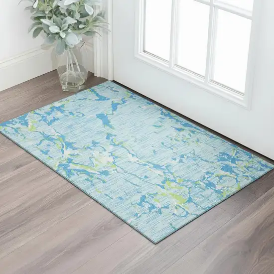 Sky Blue Lime Green And Ivory Striped Washable Area Rug With UV Protection Photo 2