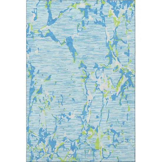 Sky Blue Lime Green And Ivory Striped Washable Area Rug With UV Protection Photo 3