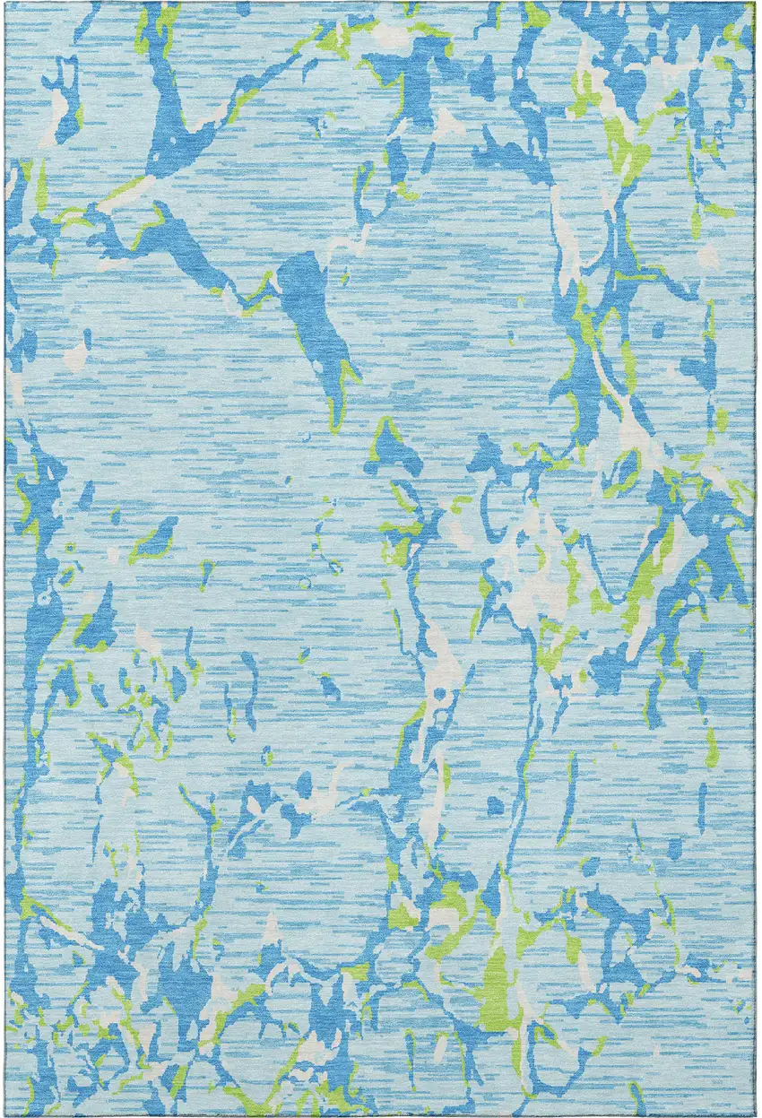 Sky Blue Lime Green And Ivory Striped Washable Area Rug With UV Protection Photo 3