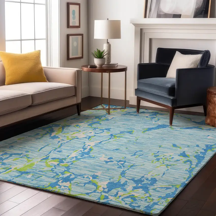 Sky Blue Lime Green And Ivory Striped Washable Area Rug With UV Protection Photo 5