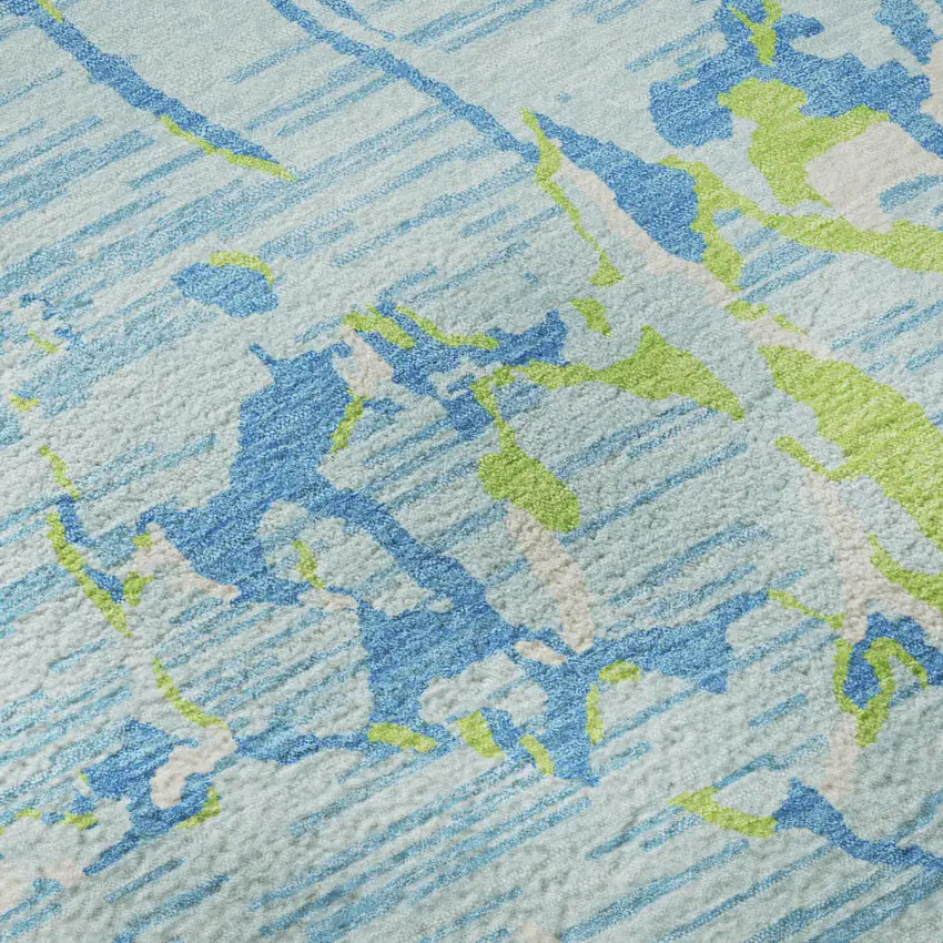 Sky Blue Lime Green And Ivory Striped Washable Area Rug With UV Protection Photo 9