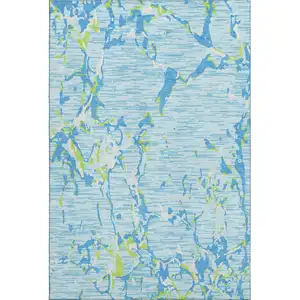 Photo of Sky Blue Lime Green And Ivory Striped Washable Area Rug With UV Protection