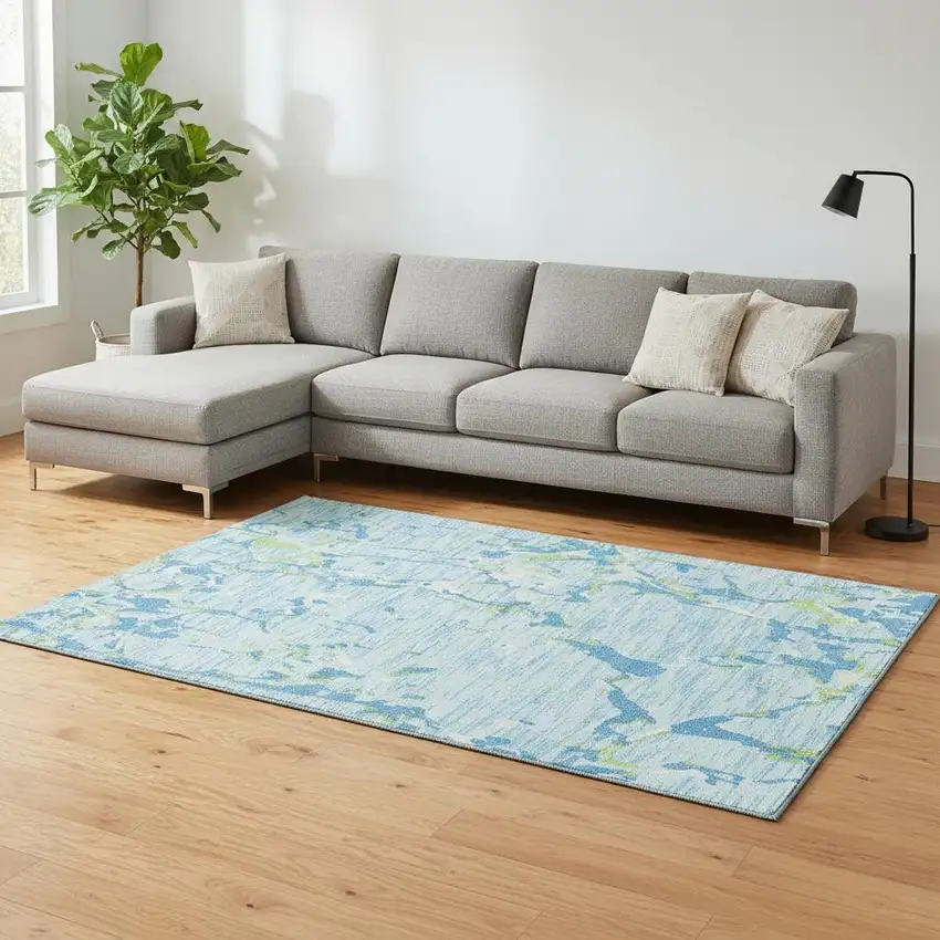 Sky Blue Lime Green And Ivory Striped Washable Area Rug With UV Protection Photo 2