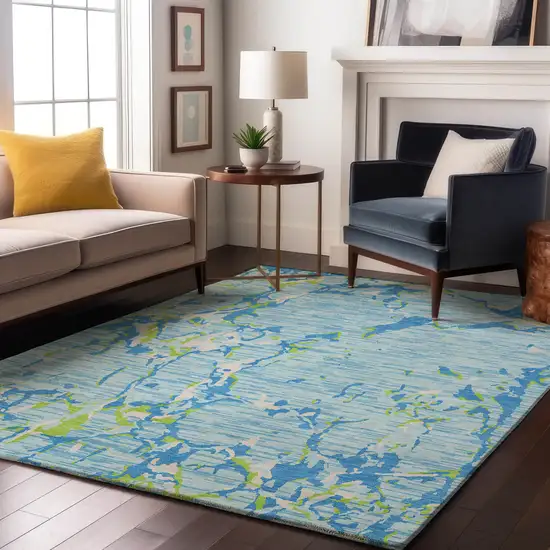 Sky Blue Lime Green And Ivory Striped Washable Area Rug With UV Protection Photo 5