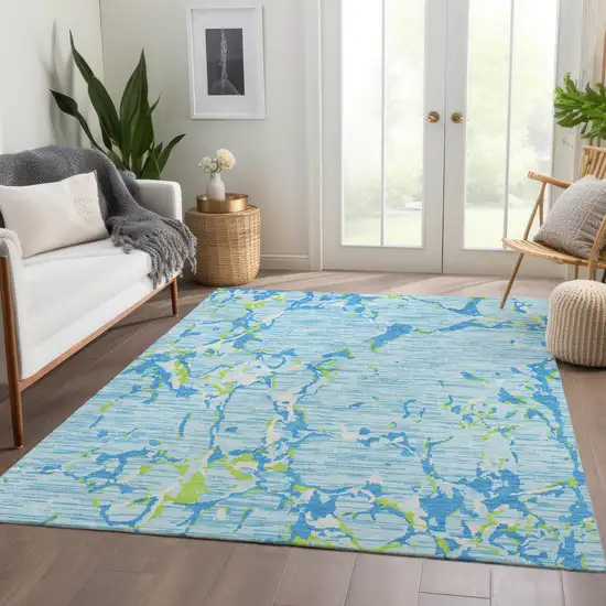 Sky Blue Lime Green And Ivory Striped Washable Area Rug With UV Protection Photo 5