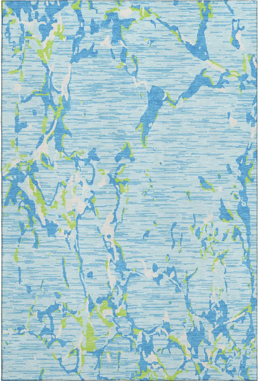 Sky Blue Lime Green And Ivory Striped Washable Area Rug With UV Protection Photo 1