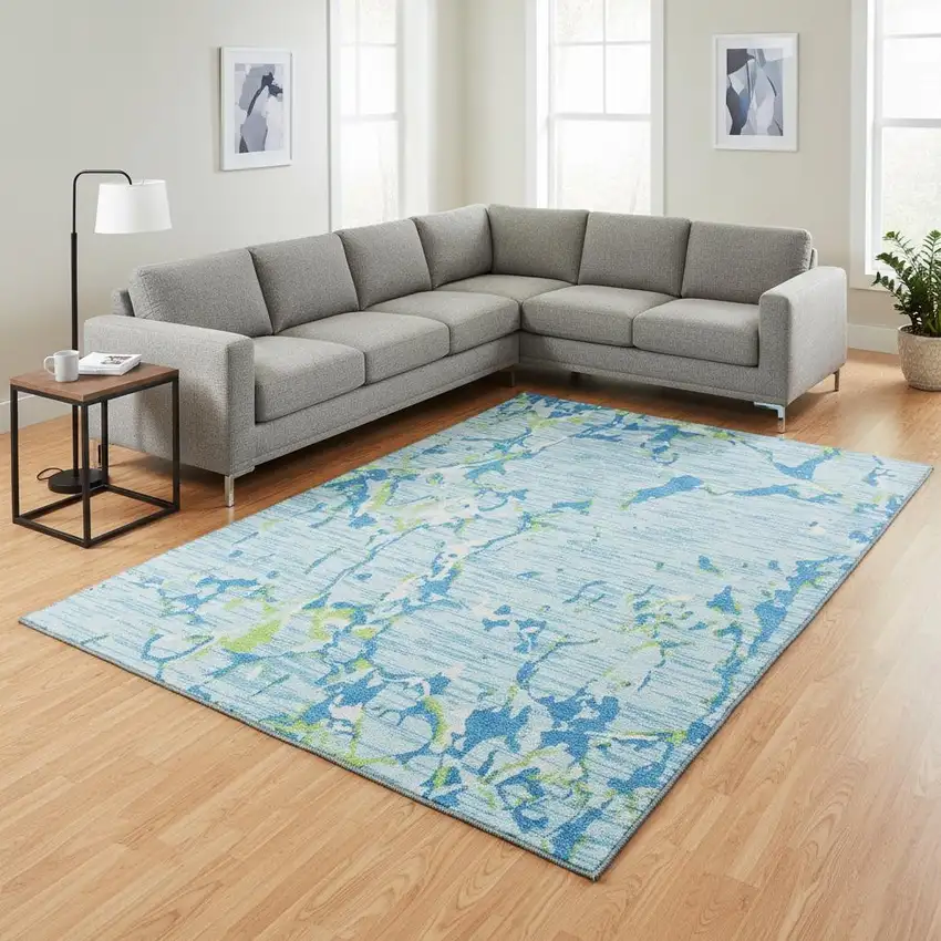 Sky Blue Lime Green And Ivory Striped Washable Area Rug With UV Protection Photo 2