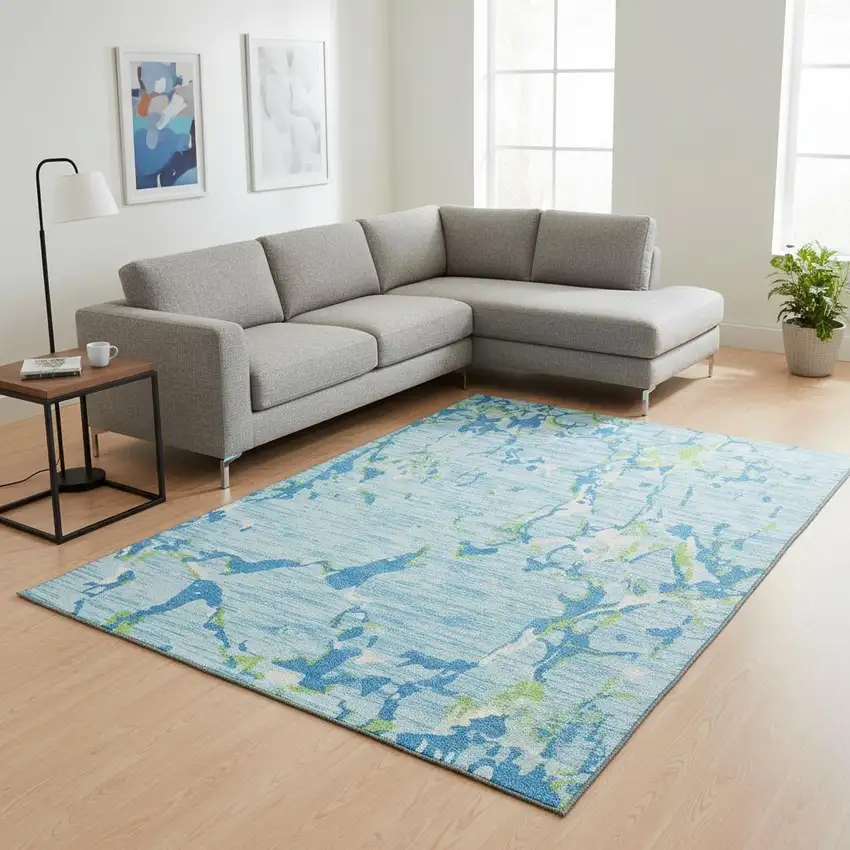 Sky Blue Lime Green And Ivory Striped Washable Area Rug With UV Protection Photo 2